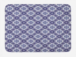mosaic bath mat, geometric rhombus style traditional folkloric moroccan portugal floral tiles, plush bathroom decor mat with non slip backing, 24" x 16", white and indigo