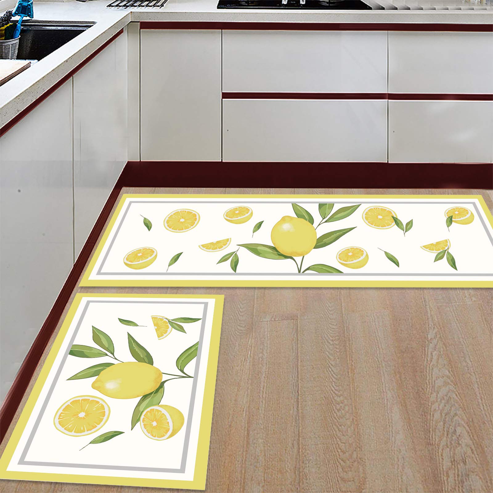 Kitchen Mat 2PCS Summer Yellow Lemon with Green Leaves Yellow Border Kitchen Rugs Kitchen Organization, Anti-Fatigue Kitchen Floor Mats Non-Slip Kitchen Decor Runner Rug Room Decor Standing Desk Mats