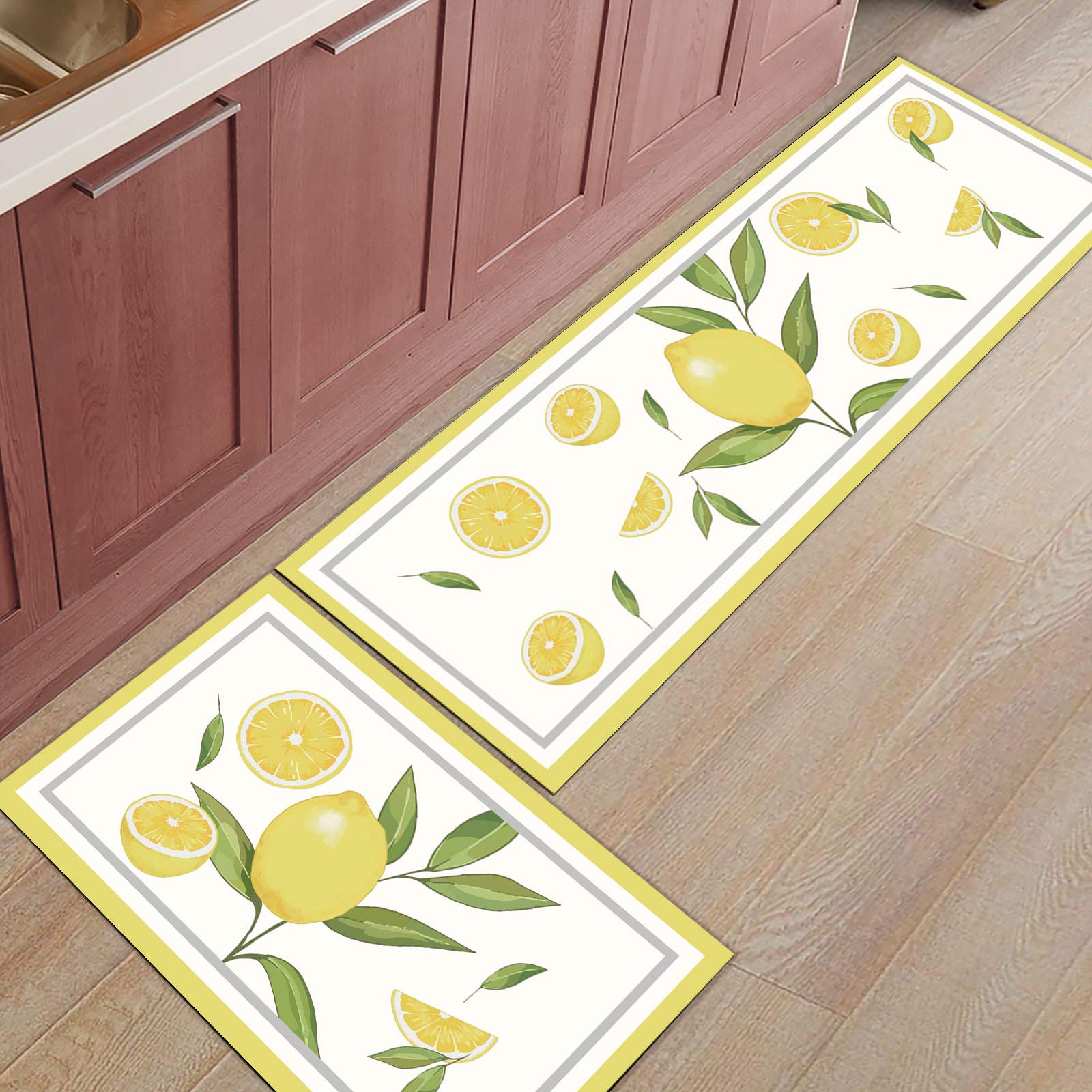 Kitchen Mat 2PCS Summer Yellow Lemon with Green Leaves Yellow Border Kitchen Rugs Kitchen Organization, Anti-Fatigue Kitchen Floor Mats Non-Slip Kitchen Decor Runner Rug Room Decor Standing Desk Mats