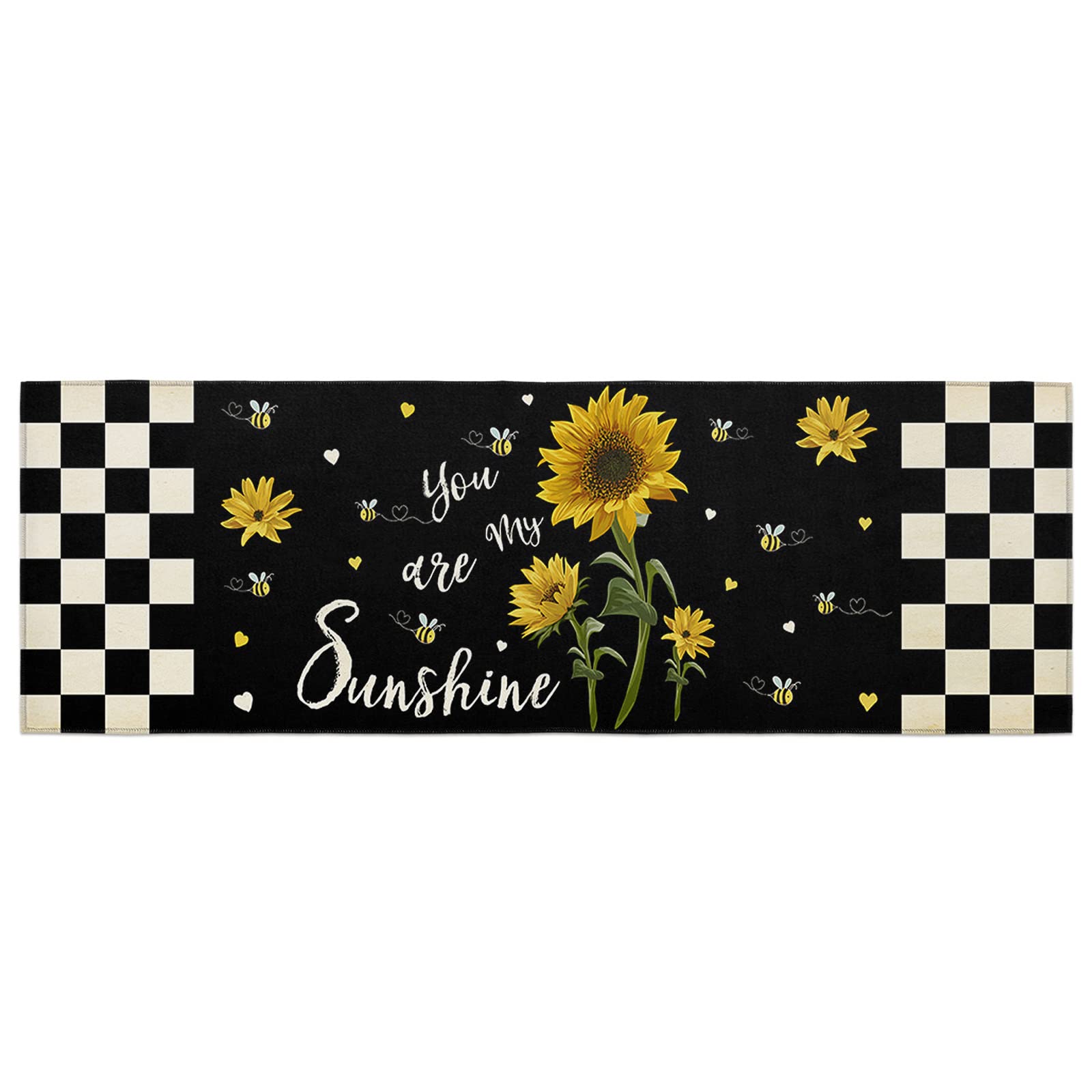 Kitchen Rugs Area Runner for Hallways Fall Sunflower Checker Black Back Non-Slip Accent Carpet Indoor Floor Long Doormat Farm Floral Bumblebee Sunshine Quotes Laundry Room Rug Entryway Runners