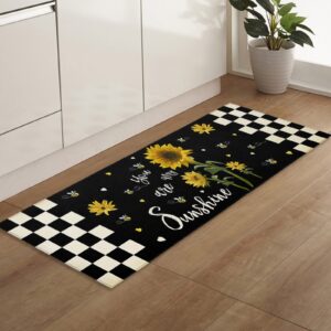 Kitchen Rugs Area Runner for Hallways Fall Sunflower Checker Black Back Non-Slip Accent Carpet Indoor Floor Long Doormat Farm Floral Bumblebee Sunshine Quotes Laundry Room Rug Entryway Runners