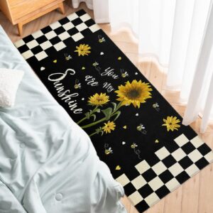 Kitchen Rugs Area Runner for Hallways Fall Sunflower Checker Black Back Non-Slip Accent Carpet Indoor Floor Long Doormat Farm Floral Bumblebee Sunshine Quotes Laundry Room Rug Entryway Runners