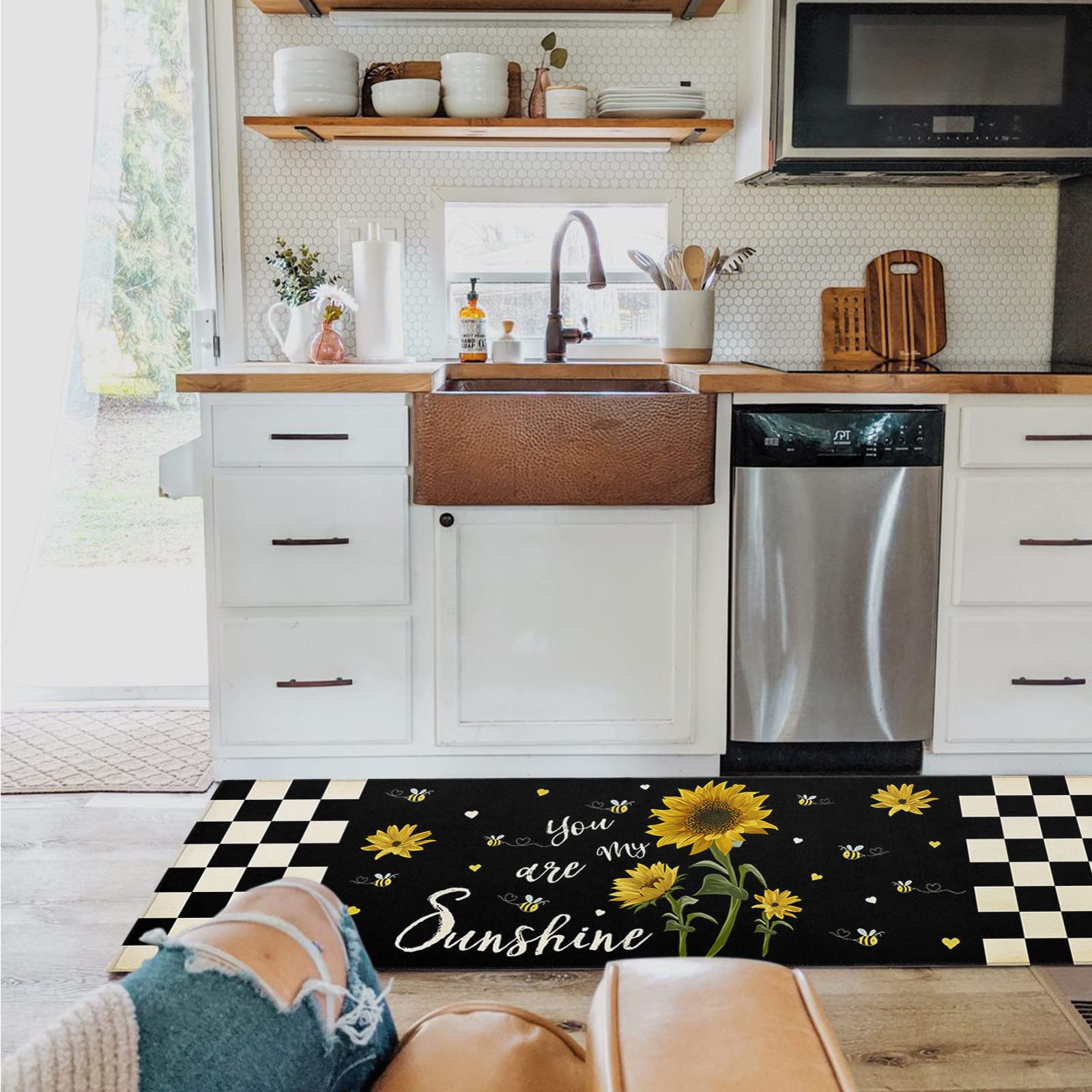 Kitchen Rugs Area Runner for Hallways Fall Sunflower Checker Black Back Non-Slip Accent Carpet Indoor Floor Long Doormat Farm Floral Bumblebee Sunshine Quotes Laundry Room Rug Entryway Runners