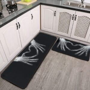 youtary black xray bones of hands love white heart pattern kitchen rug set 2 pcs floor mats washable non-slip soft flannel runner rug doormat carpet for floor home bathroom, 17" x 47"+17" x 24"-m