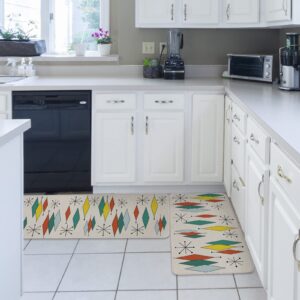 Middle Century Kitchen Rugs and Mats Set of 2, Geometric Non-Skid Bathroom Rugs, Washable Kitchen Runner Teal Yellow Orange Rug Modern Floor Mat for Sink/Laundry Room/Office, 15.7"x23.6"+15.7"x47.2"