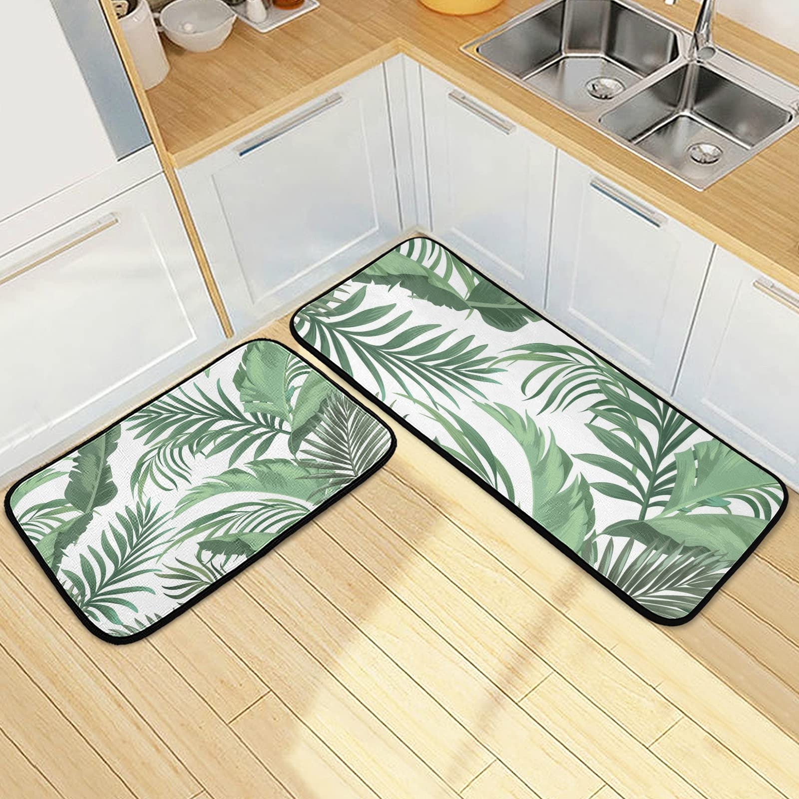 Palm Leaf Tropical Plant Kitchen Rugs and Mats 2 Pieces Anti Fatigue Kitchen Rug Set Non-Slip Bath Mat Entry Floor Carpet Entrance Door Mat Runner 20"x28"+20"x47"