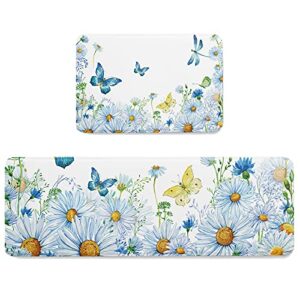 2 pieces kitchen rugs set pastoral butterfly dragonfly daisy flower,water absorbent soft doormat anti fatigue mat blue gradient art,non-slip rug cushion standing mats for bathroom bedroom entryway
