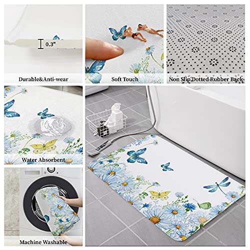 2 Pieces Kitchen Rugs Set Pastoral Butterfly Dragonfly Daisy Flower,Water Absorbent Soft Doormat Anti Fatigue Mat Blue Gradient Art,Non-Slip Rug Cushion Standing Mats for Bathroom Bedroom Entryway