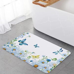 2 Pieces Kitchen Rugs Set Pastoral Butterfly Dragonfly Daisy Flower,Water Absorbent Soft Doormat Anti Fatigue Mat Blue Gradient Art,Non-Slip Rug Cushion Standing Mats for Bathroom Bedroom Entryway