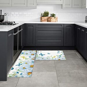 2 Pieces Kitchen Rugs Set Pastoral Butterfly Dragonfly Daisy Flower,Water Absorbent Soft Doormat Anti Fatigue Mat Blue Gradient Art,Non-Slip Rug Cushion Standing Mats for Bathroom Bedroom Entryway