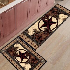 western kitchen runner rug sets 2 piece, rustic texas star absorbent bathroom rugs, farmhouse floor mats retro brown beige non-slip door mat for bedroom/hallway/laundry, 15.7"wx23.6"l+15.7"wx47.2"l