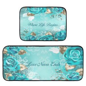 teal rose kitchen rugs and mats 2 piece non slip washable runner rug set for floor rose turquoise kitchen decor and accessories love never ends