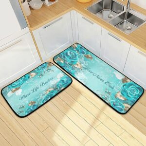 Teal Rose Kitchen Rugs and Mats 2 Piece Non Slip Washable Runner Rug Set for Floor Rose Turquoise Kitchen Decor and Accessories Love Never Ends