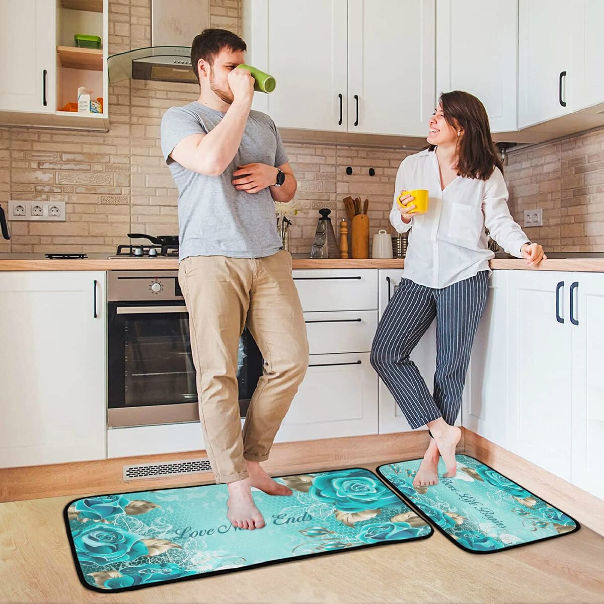 Teal Rose Kitchen Rugs and Mats 2 Piece Non Slip Washable Runner Rug Set for Floor Rose Turquoise Kitchen Decor and Accessories Love Never Ends