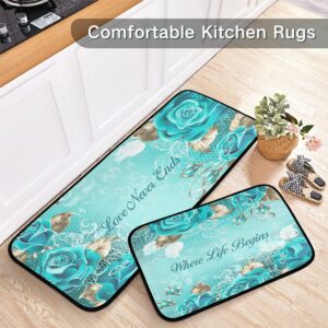 Teal Rose Kitchen Rugs and Mats 2 Piece Non Slip Washable Runner Rug Set for Floor Rose Turquoise Kitchen Decor and Accessories Love Never Ends