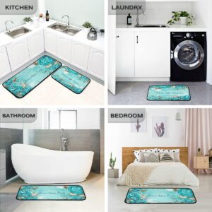 Teal Rose Kitchen Rugs and Mats 2 Piece Non Slip Washable Runner Rug Set for Floor Rose Turquoise Kitchen Decor and Accessories Love Never Ends