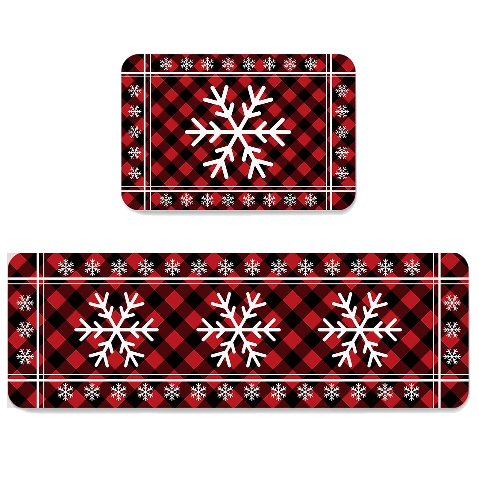 Homeown Christmas Comfort Kitchen Rug Set 2 Piece, Non Slip Cushioned Floor Mat Christmas Snowflake Winter Absorbent Carpet for Laundry Bathroom Living Room 19.7x31.5in+19.7x47.2in Red Black Plaid