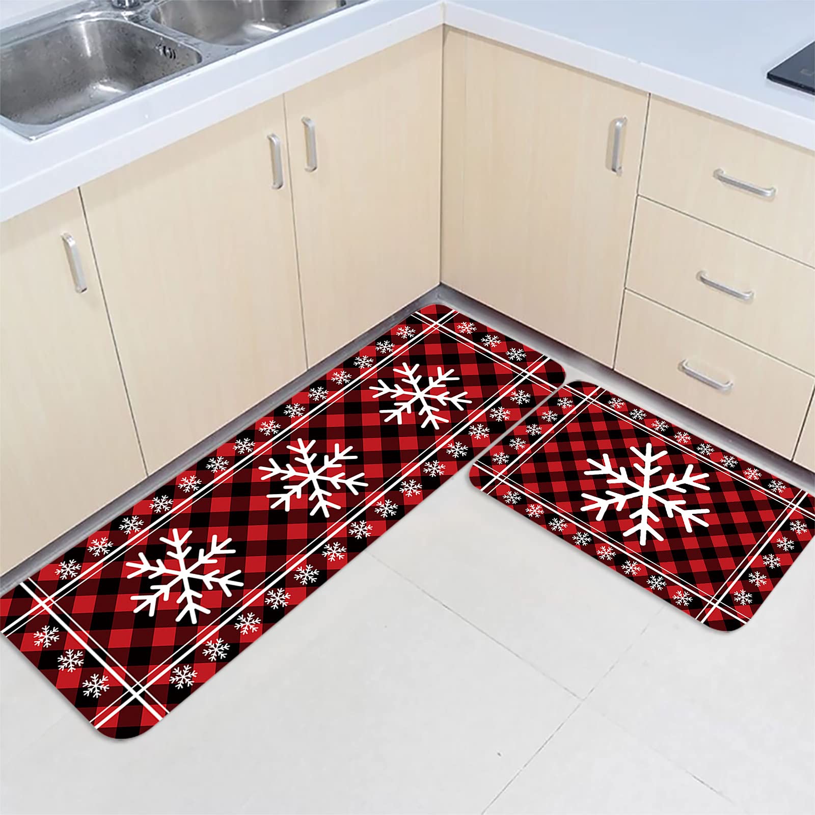 Homeown Christmas Comfort Kitchen Rug Set 2 Piece, Non Slip Cushioned Floor Mat Christmas Snowflake Winter Absorbent Carpet for Laundry Bathroom Living Room 19.7x31.5in+19.7x47.2in Red Black Plaid