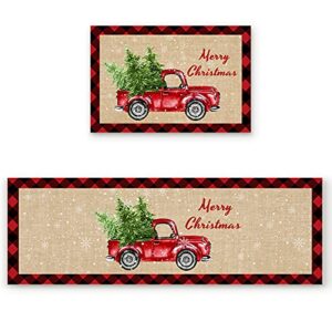 arts print kitchen rug mat set of 2,merry christmas red truck with christmas tree black and red buffalo plaid runner rug,non-slip durable kitchen floor mat for sink,15.7x23.6inch+15.7x47.2inch