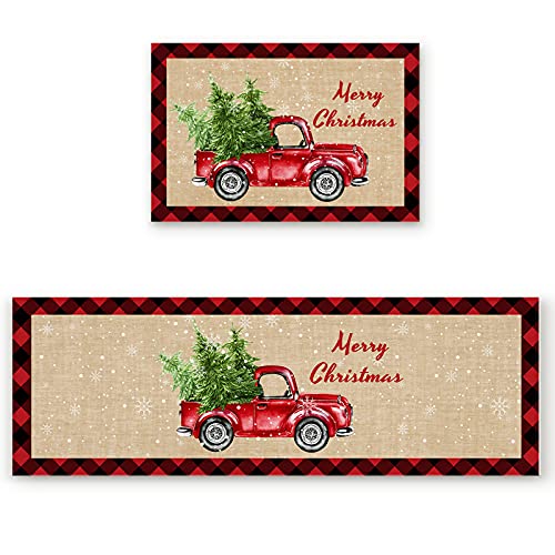 Arts Print Kitchen Rug Mat Set of 2,Merry Christmas Red Truck with Christmas Tree Black and Red Buffalo Plaid Runner Rug,Non-Slip Durable Kitchen Floor Mat for Sink,15.7x23.6Inch+15.7x47.2Inch