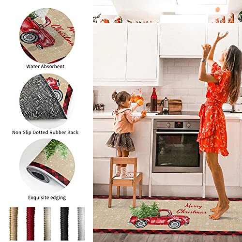 Arts Print Kitchen Rug Mat Set of 2,Merry Christmas Red Truck with Christmas Tree Black and Red Buffalo Plaid Runner Rug,Non-Slip Durable Kitchen Floor Mat for Sink,15.7x23.6Inch+15.7x47.2Inch