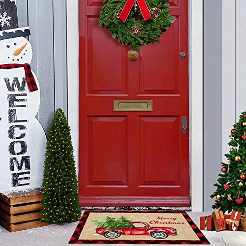 Arts Print Kitchen Rug Mat Set of 2,Merry Christmas Red Truck with Christmas Tree Black and Red Buffalo Plaid Runner Rug,Non-Slip Durable Kitchen Floor Mat for Sink,15.7x23.6Inch+15.7x47.2Inch