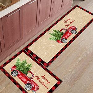 Arts Print Kitchen Rug Mat Set of 2,Merry Christmas Red Truck with Christmas Tree Black and Red Buffalo Plaid Runner Rug,Non-Slip Durable Kitchen Floor Mat for Sink,15.7x23.6Inch+15.7x47.2Inch