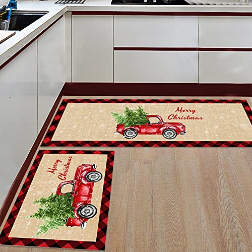 Arts Print Kitchen Rug Mat Set of 2,Merry Christmas Red Truck with Christmas Tree Black and Red Buffalo Plaid Runner Rug,Non-Slip Durable Kitchen Floor Mat for Sink,15.7x23.6Inch+15.7x47.2Inch