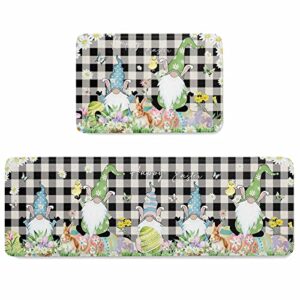 daisy flower 2 pcs cushioned anti-fatigue kitchen mats and rugs,easter gnomes egg bunny tulip black plaid holiday absorbent bath mat non-slip area rug accent runner floor carpet doormat standing mat