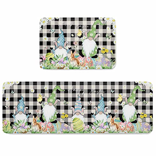 Daisy Flower 2 PCS Cushioned Anti-Fatigue Kitchen Mats and Rugs,Easter Gnomes Egg Bunny Tulip Black Plaid Holiday Absorbent Bath Mat Non-Slip Area Rug Accent Runner Floor Carpet Doormat Standing Mat