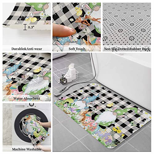 Daisy Flower 2 PCS Cushioned Anti-Fatigue Kitchen Mats and Rugs,Easter Gnomes Egg Bunny Tulip Black Plaid Holiday Absorbent Bath Mat Non-Slip Area Rug Accent Runner Floor Carpet Doormat Standing Mat