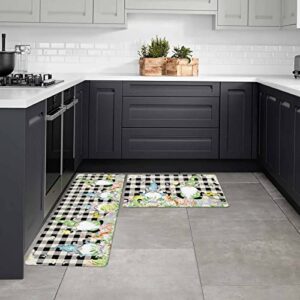 Daisy Flower 2 PCS Cushioned Anti-Fatigue Kitchen Mats and Rugs,Easter Gnomes Egg Bunny Tulip Black Plaid Holiday Absorbent Bath Mat Non-Slip Area Rug Accent Runner Floor Carpet Doormat Standing Mat