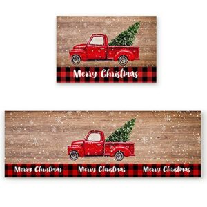 arts print kitchen rug mat set of 2,christmas red car black red plaid vitage wood plank runner rug,non-slip durable kitchen floor mat for sink,15.7x23.6inch+15.7x47.2inch 15.7x23.6in+15.7x47.2in