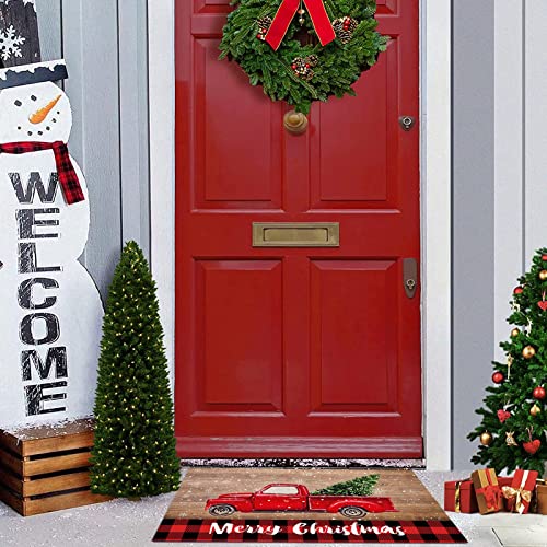 Arts Print Kitchen Rug Mat Set of 2,Christmas Red Car Black Red Plaid Vitage Wood Plank Runner Rug,Non-Slip Durable Kitchen Floor Mat for Sink,15.7x23.6Inch+15.7x47.2Inch 15.7X23.6in+15.7X47.2in