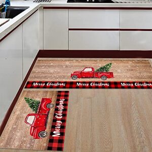 Arts Print Kitchen Rug Mat Set of 2,Christmas Red Car Black Red Plaid Vitage Wood Plank Runner Rug,Non-Slip Durable Kitchen Floor Mat for Sink,15.7x23.6Inch+15.7x47.2Inch 15.7X23.6in+15.7X47.2in