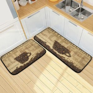 alaza coffee vintage 2 piece kitchen rug floor mat set runner rugs non-slip for kitchen laundry office 20" x 28" + 20" x 48"