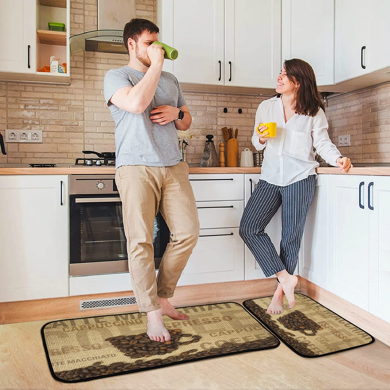 ALAZA Coffee Vintage 2 Piece Kitchen Rug Floor Mat Set Runner Rugs Non-Slip for Kitchen Laundry Office 20" x 28" + 20" x 48"