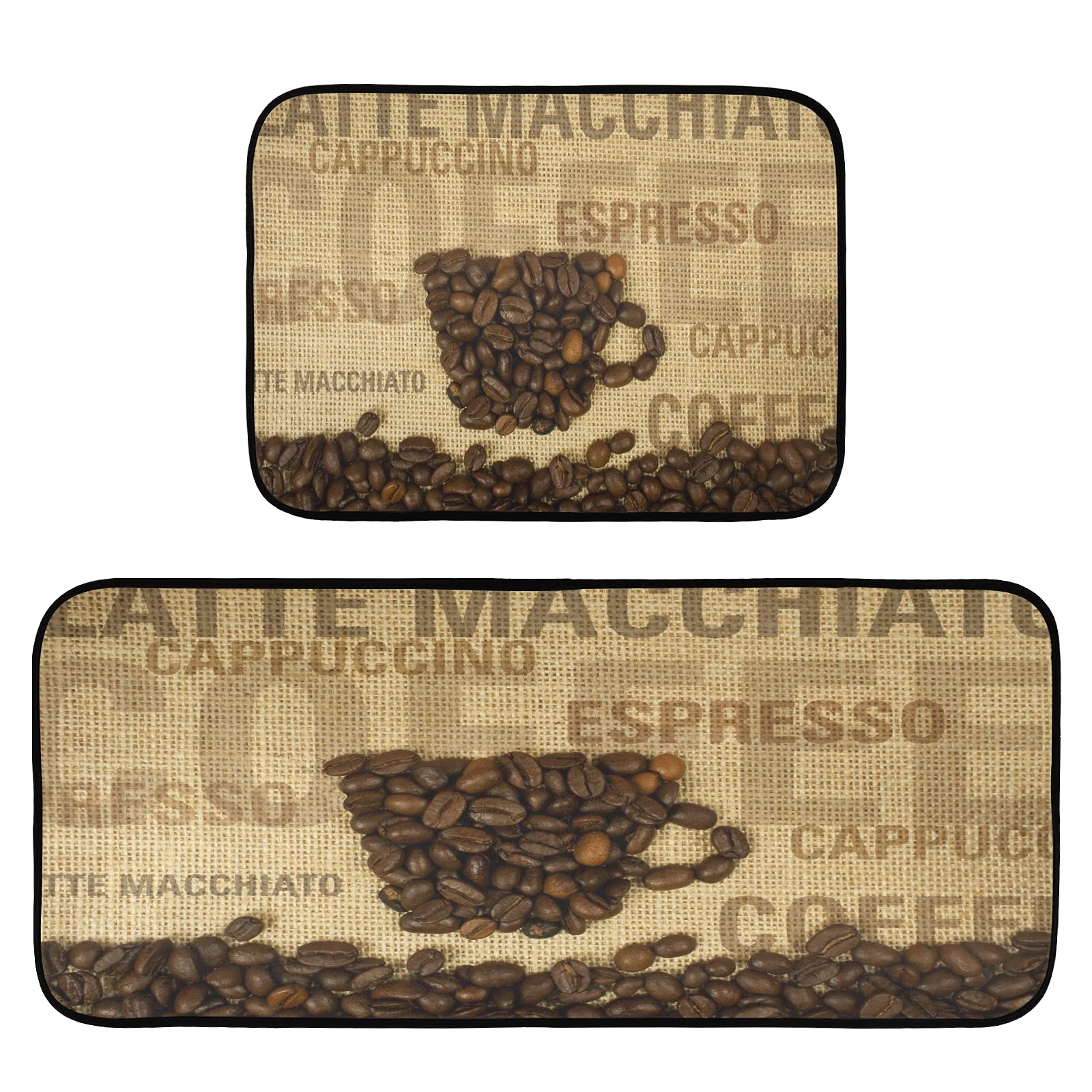 ALAZA Coffee Vintage 2 Piece Kitchen Rug Floor Mat Set Runner Rugs Non-Slip for Kitchen Laundry Office 20" x 28" + 20" x 48"