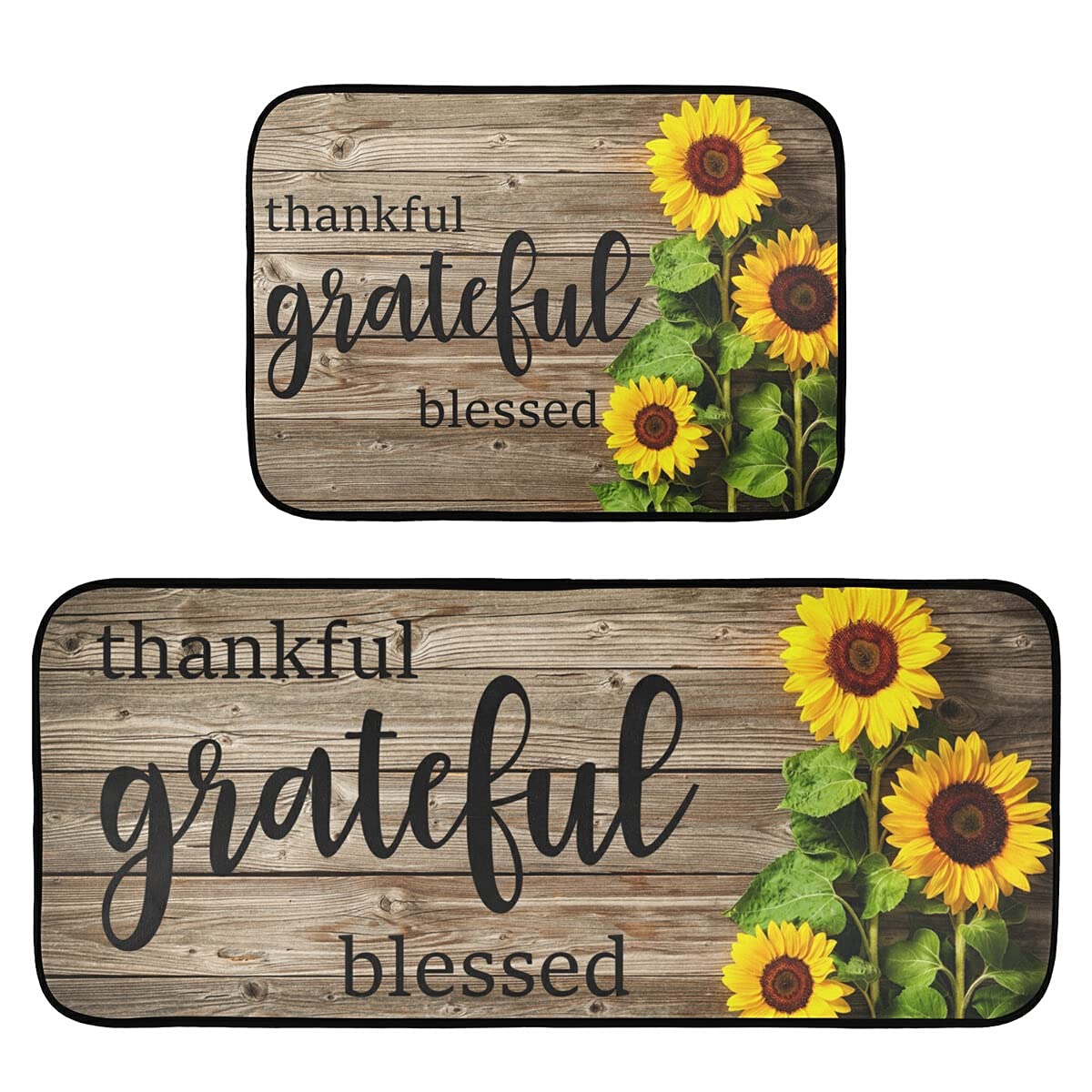 DOMIKING Fall Sunflowers Wooden Kitchen Rugs Non-Slip Kitchen Mat for Floor Farmhouse Kitchen Decor Accessories 2 PCS Anti Fatigue Rug Standing Mat Doormats