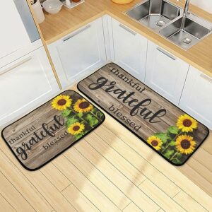 DOMIKING Fall Sunflowers Wooden Kitchen Rugs Non-Slip Kitchen Mat for Floor Farmhouse Kitchen Decor Accessories 2 PCS Anti Fatigue Rug Standing Mat Doormats