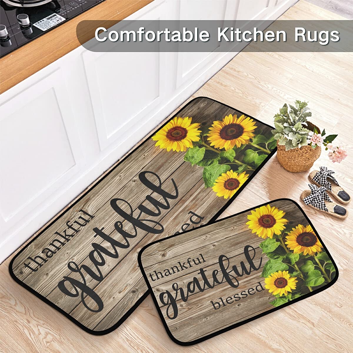 DOMIKING Fall Sunflowers Wooden Kitchen Rugs Non-Slip Kitchen Mat for Floor Farmhouse Kitchen Decor Accessories 2 PCS Anti Fatigue Rug Standing Mat Doormats