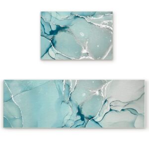 gemhome marble absorbent kitchen rugs and mats set of 2, modern marble non-slip comfort floor rug, doormat runner carpet for laundry bathroom 15.7x23.6in+15.7x47.2in, aqua teal marble pattern