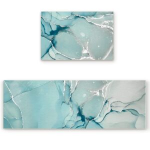 Gemhome Marble Absorbent Kitchen Rugs and Mats Set of 2, Modern Marble Non-Slip Comfort Floor Rug, Doormat Runner Carpet for Laundry Bathroom 15.7x23.6in+15.7x47.2in, Aqua Teal Marble Pattern