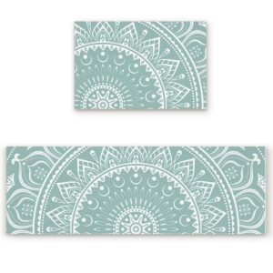 IDOWMAT 2 Pieces Non-Slip Microfiber Kitchen Rugs, Washable Dirt-Proof Mat Kitchen, Light Teal Mandala Pattern Kitchen Rugs and Mats Sets, Soft Absorbent Kitchen Floor Mats (15.7"x23.6"+15.7"x47.2")