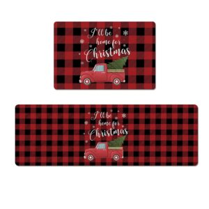 kitchen rugs set anti-fatigue floor mat doormats 2 pcs waterproof non-slip kitchen mats and rugs pvc standing mats runner carpet, i'll be home for christmas truck with xmas tree plaid 18"x30"+18"x59"
