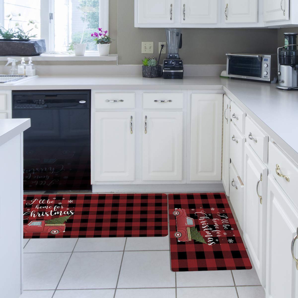 Kitchen Rugs Set Anti-Fatigue Floor Mat Doormats 2 Pcs Waterproof Non-Slip Kitchen Mats and Rugs PVC Standing Mats Runner Carpet, I'll Be Home for Christmas Truck with Xmas Tree Plaid 18"x30"+18"x59"