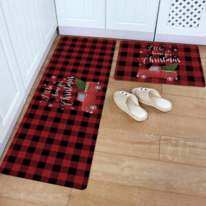 Kitchen Rugs Set Anti-Fatigue Floor Mat Doormats 2 Pcs Waterproof Non-Slip Kitchen Mats and Rugs PVC Standing Mats Runner Carpet, I'll Be Home for Christmas Truck with Xmas Tree Plaid 18"x30"+18"x59"