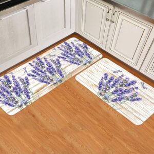 purple floral kitchen mats cushioned anti fatigue 2 piece set non skid waterproof kitchen floor mats, standing kitchen mat lavender lilac flowers on wooden plank