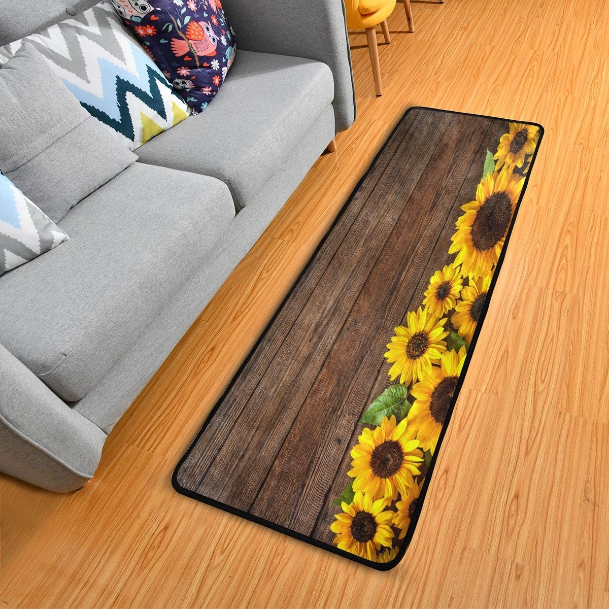 Sunflower Runner Rug, Wood Board Print Bath Rug Non-Slip Soft Kitchen Mat Doormat Large Runner Carpet 72" X 24"