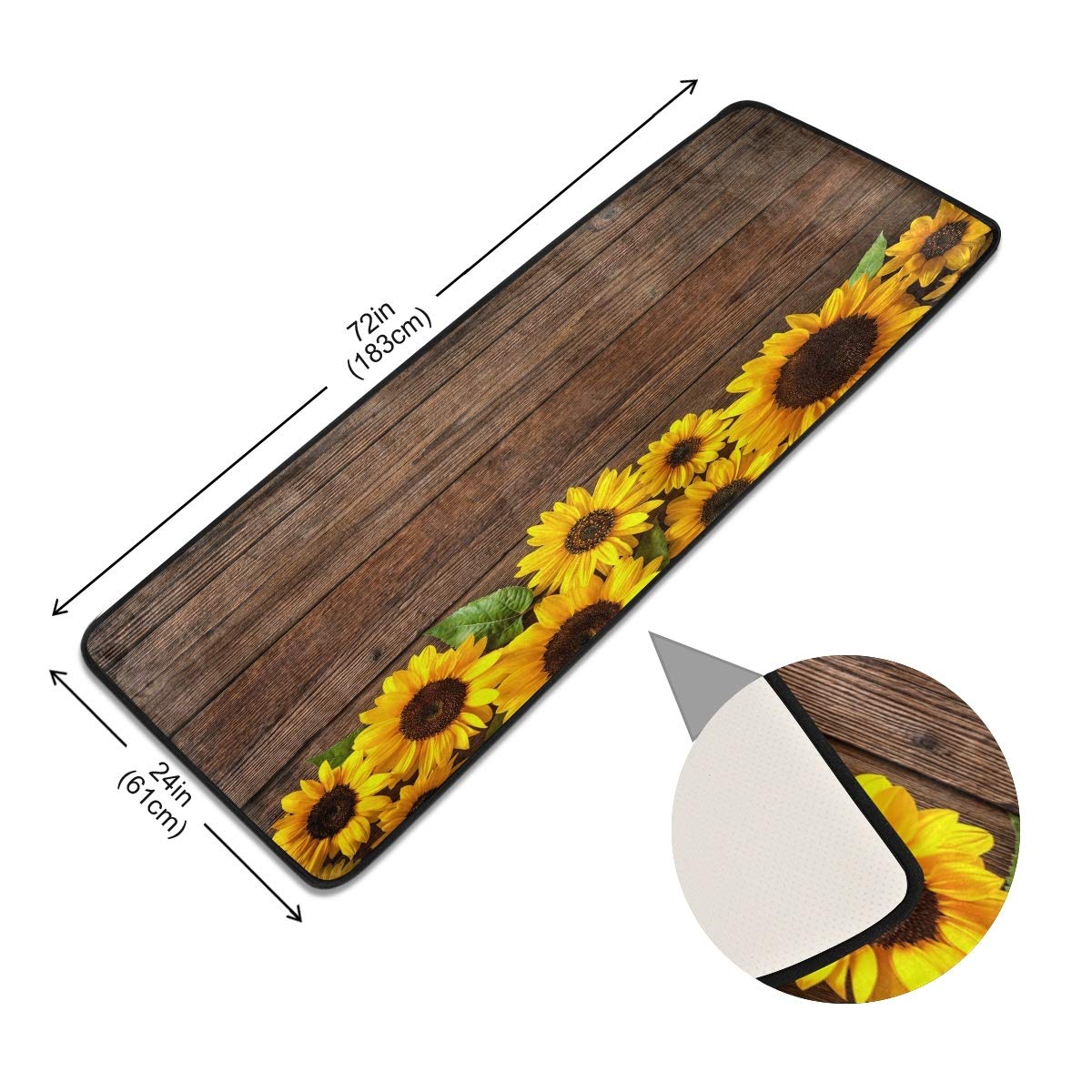 Sunflower Runner Rug, Wood Board Print Bath Rug Non-Slip Soft Kitchen Mat Doormat Large Runner Carpet 72" X 24"